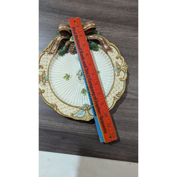 Fitz & Floyd Florentine Christmas Canape Plate Bow Pinecone Design fruit 10" - Picture 7 of 8